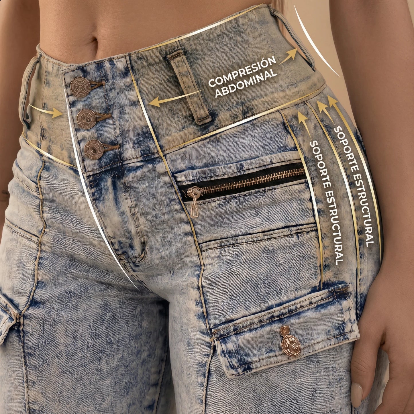 Moldea tu Silueta sin Faja. Control Inteligente de Abdomen y Levanta Glúteo en un Solo Jean.